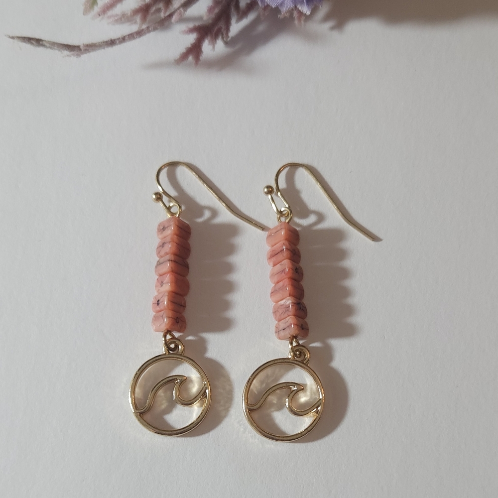 Breaking Waves Coral Gold Plate Wave Dangle Earrings Fog & Fern Clothing Company - Picture 6 of 6